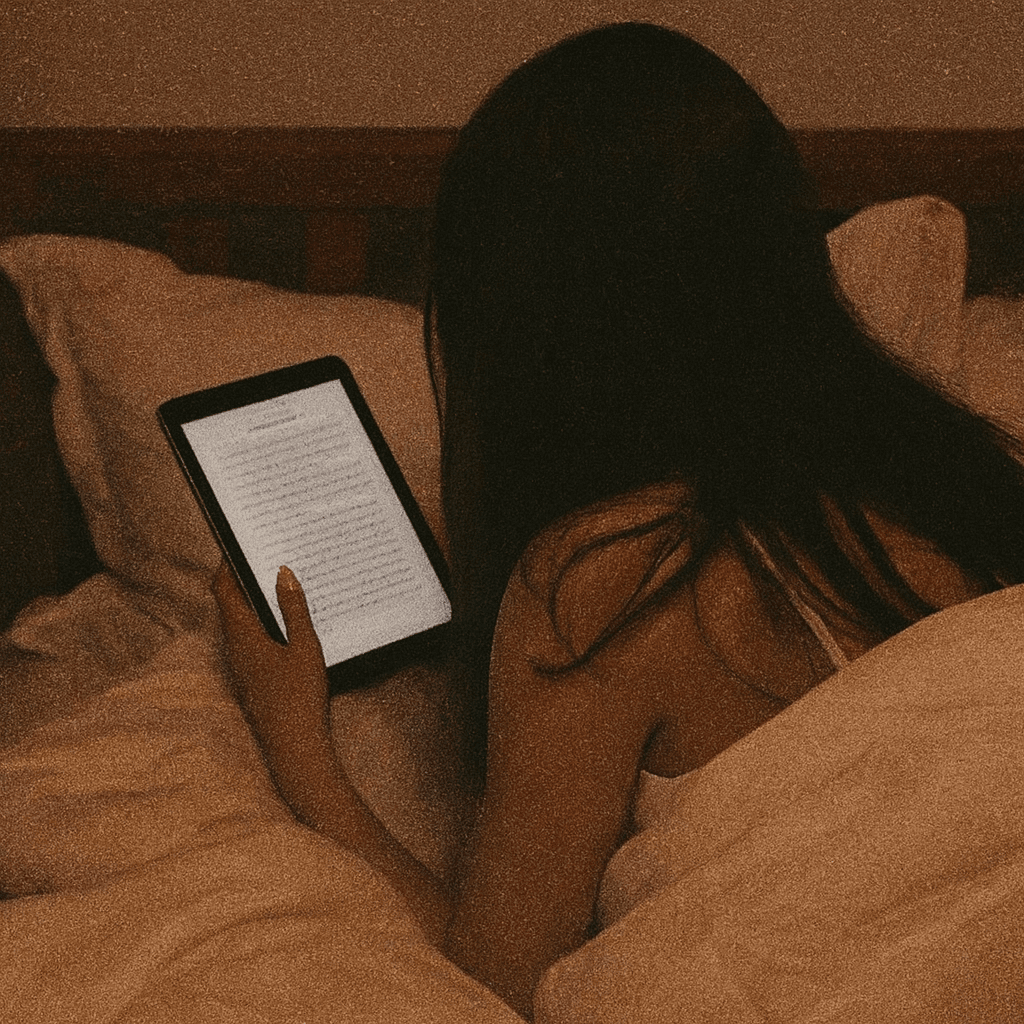 Person reading on a device in a cozy setting, representing finding your perfect story