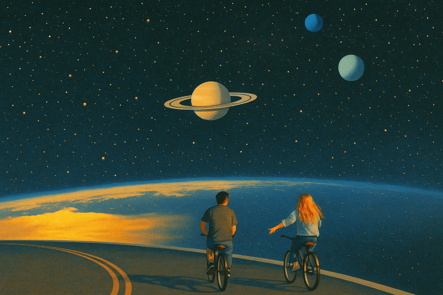 Couple on bikes looking at a starry sky with planets, representing turning your daydream into a story
